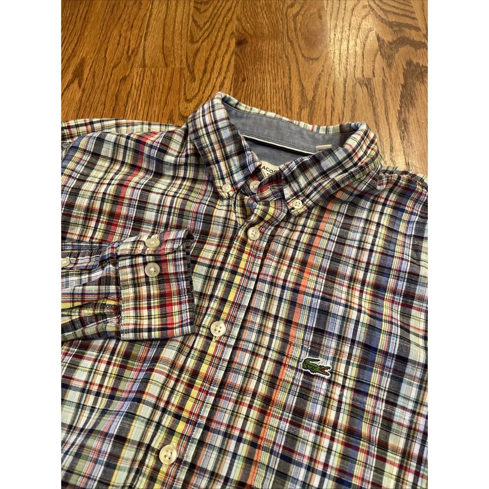Lacoste Mens Button Down Shirt Large Multi-Color Plaid Regular Fit Cotton Linen